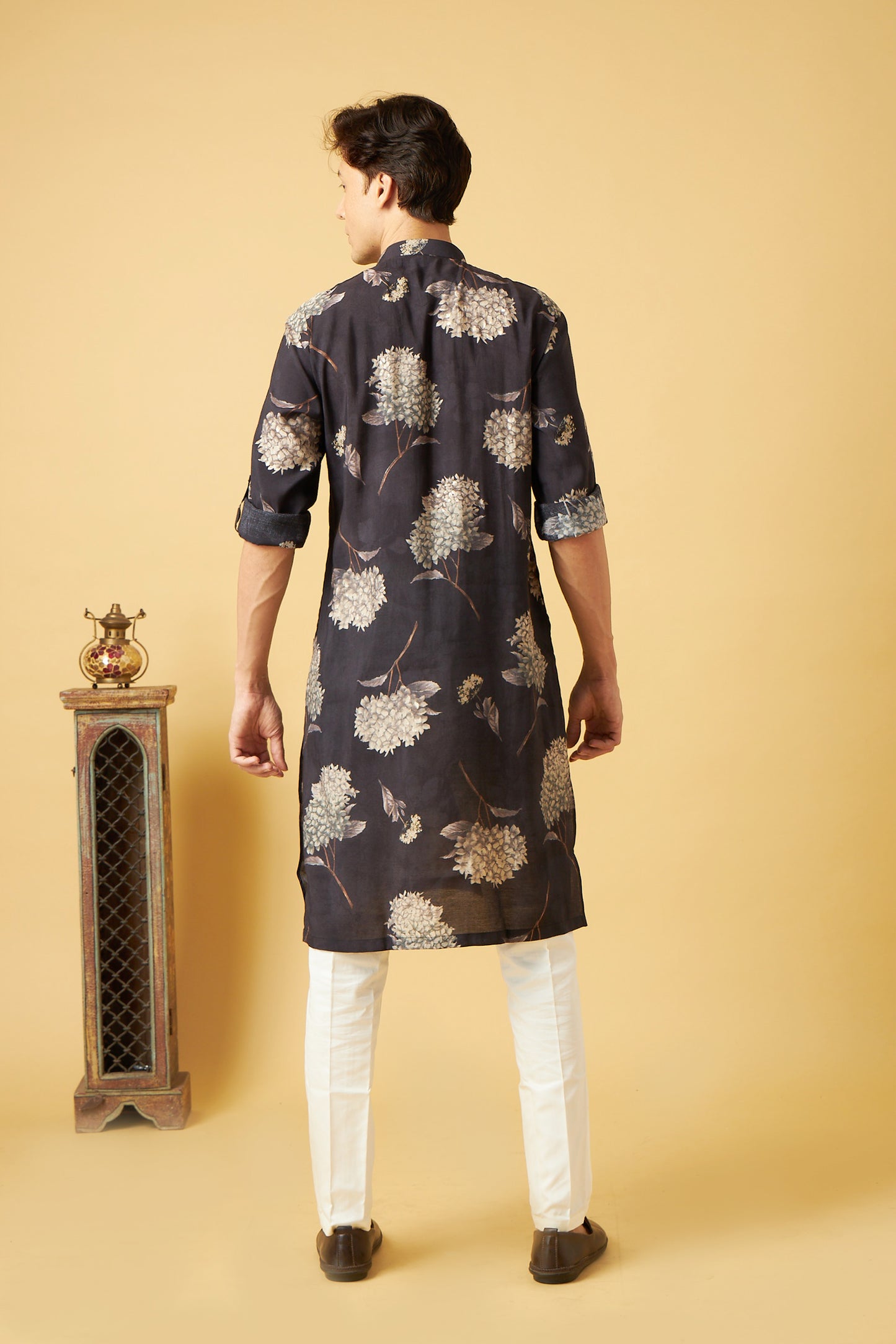 Gold Flower Printed on Black Kurta for Men