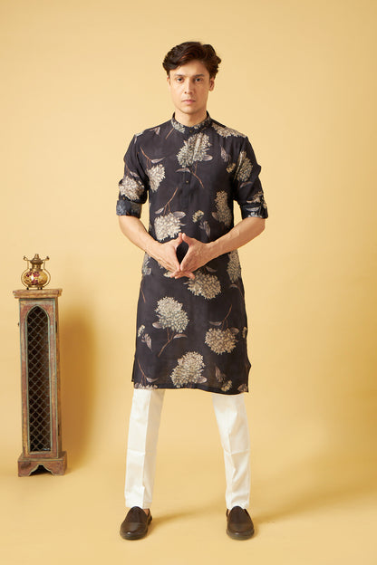 Gold Flower Printed on Black Kurta for Men