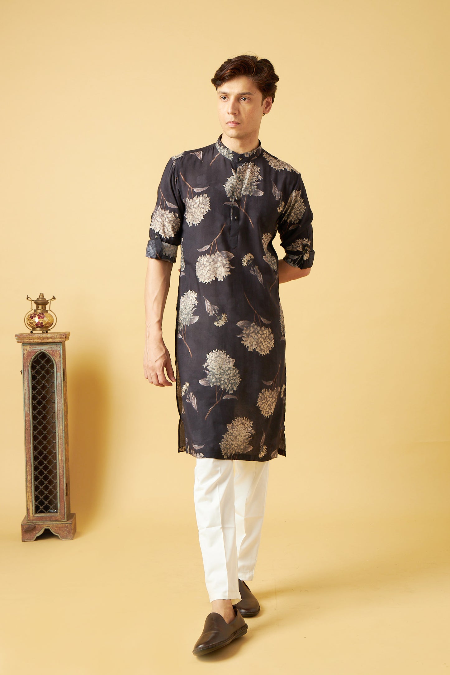 Gold Flower Printed on Black Kurta for Men