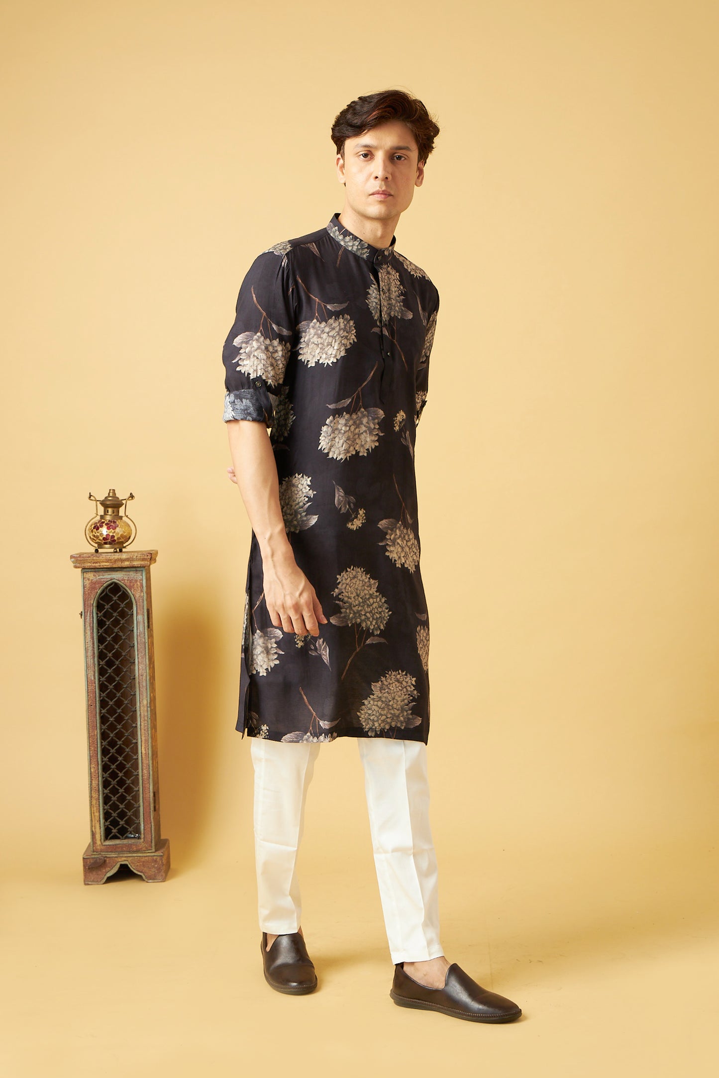 Gold Flower Printed on Black Kurta for Men