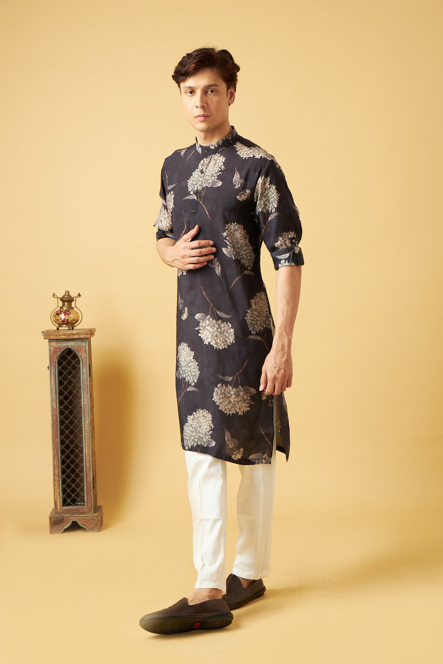 Gold Flower Printed on Black Kurta for Men