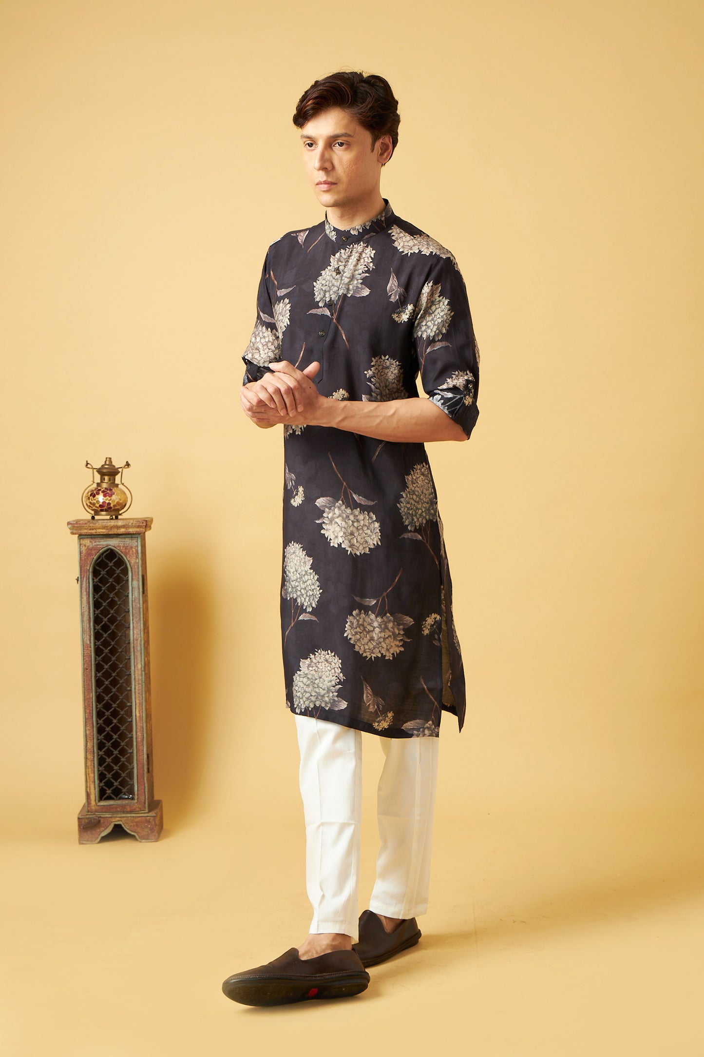 Gold Flower Printed on Black Kurta for Men
