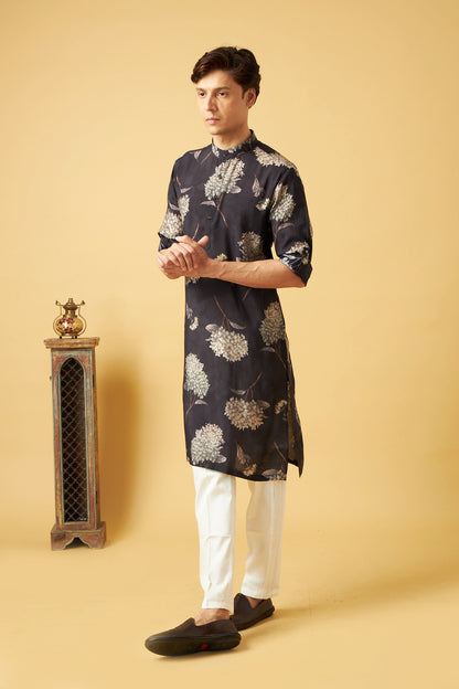 Gold Flower Printed on Black Kurta for Men