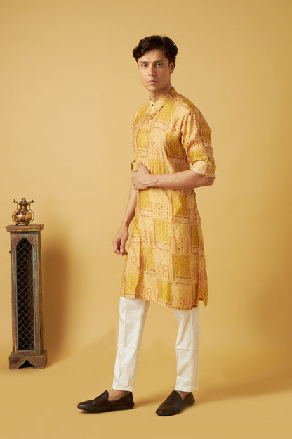 Yellow Floral Print Bandhani Kurta Set