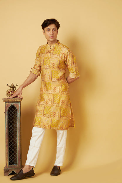 Yellow Floral Print Bandhani Kurta Set