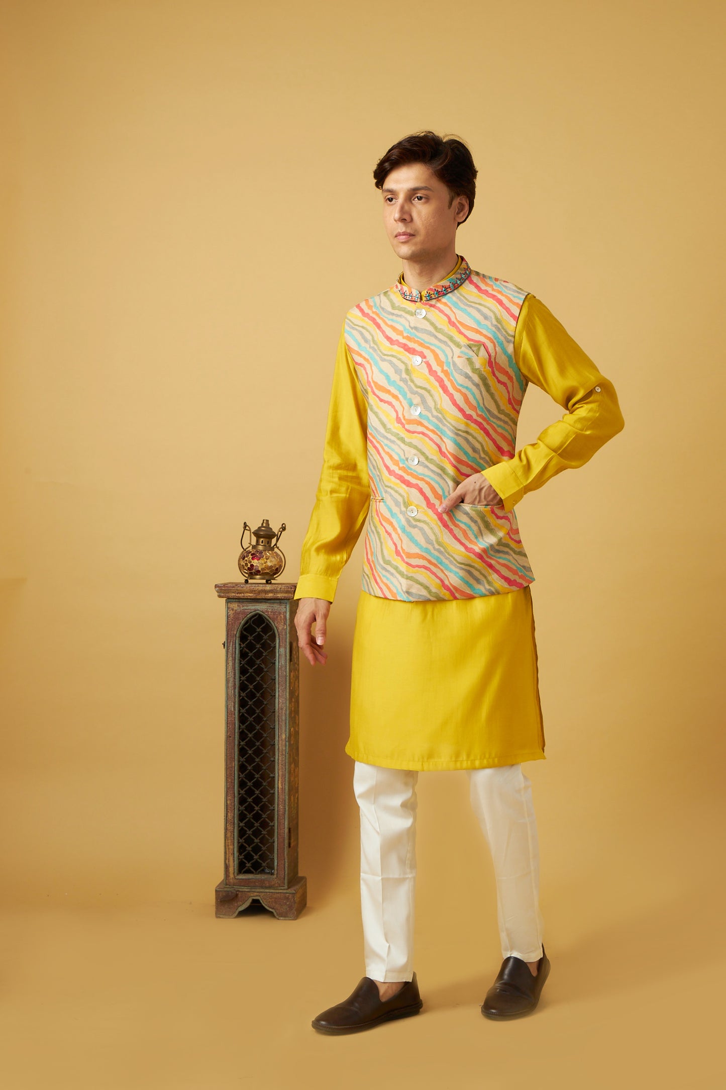 Yellow Floral Print Jacket and Kurta Set