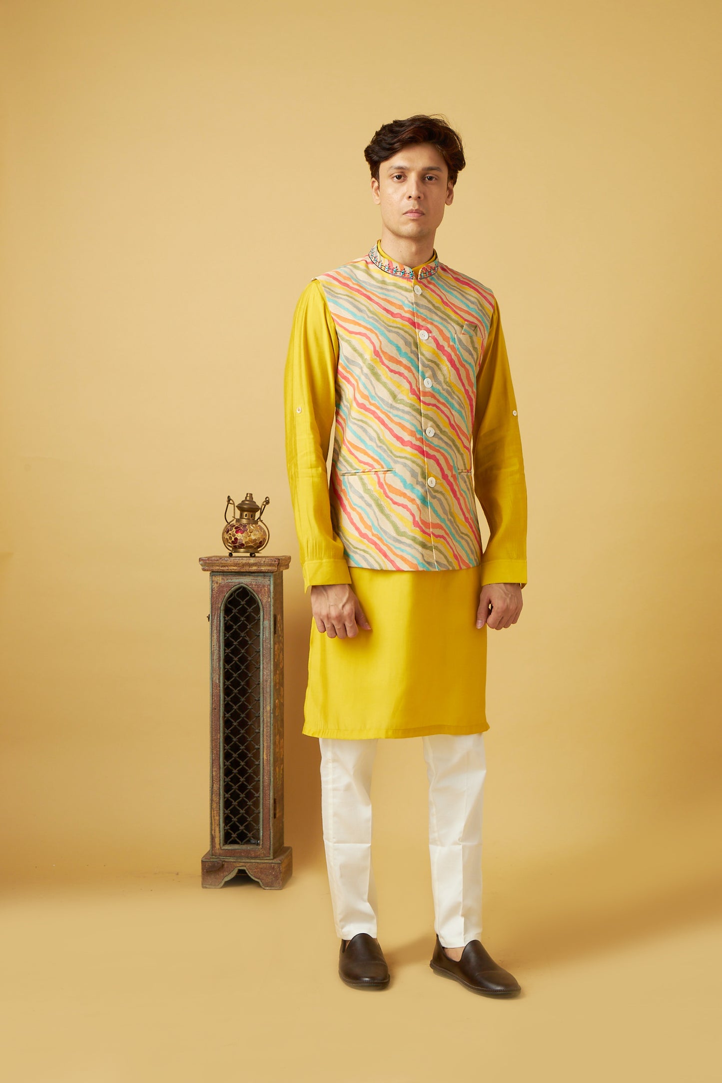 Yellow Floral Print Jacket and Kurta Set