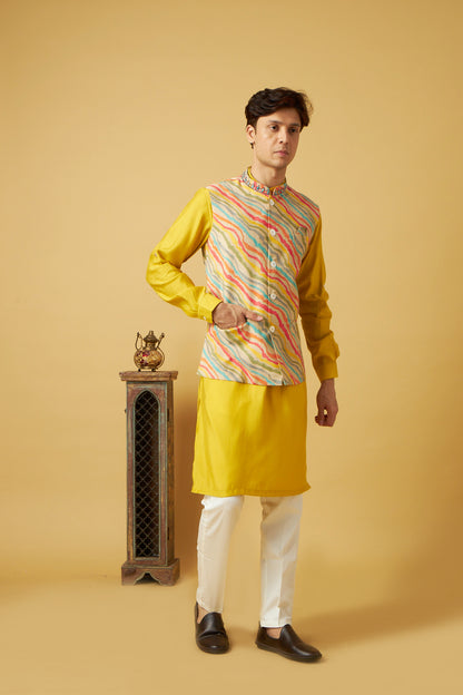 Yellow Floral Print Jacket and Kurta Set