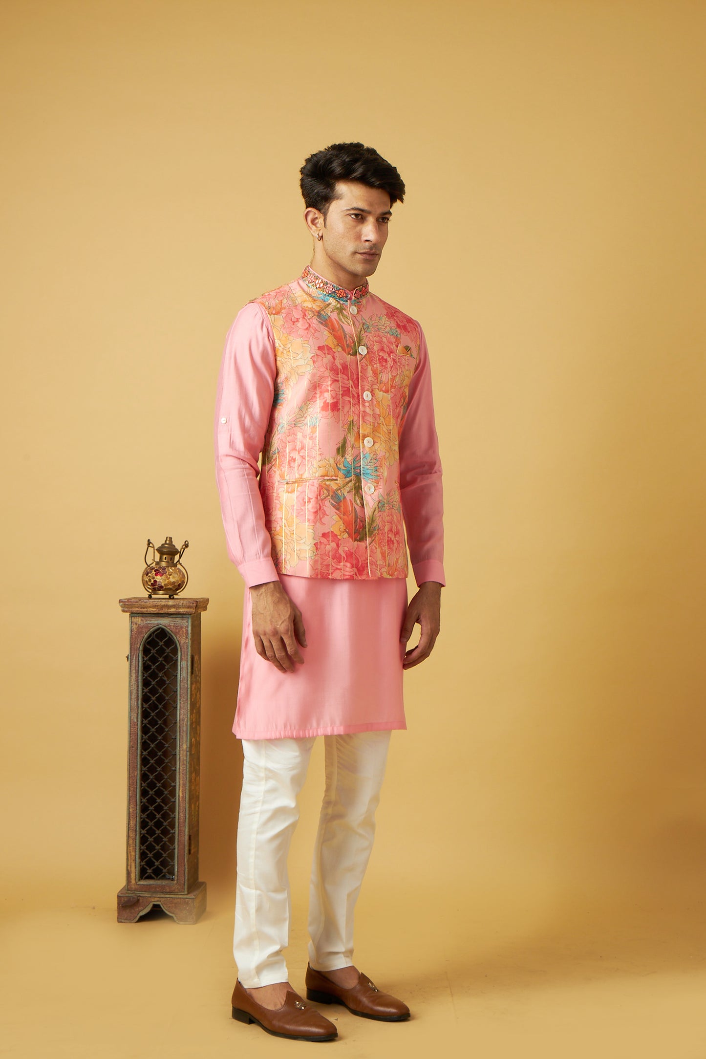 Light pink Floral print jacket kurta set