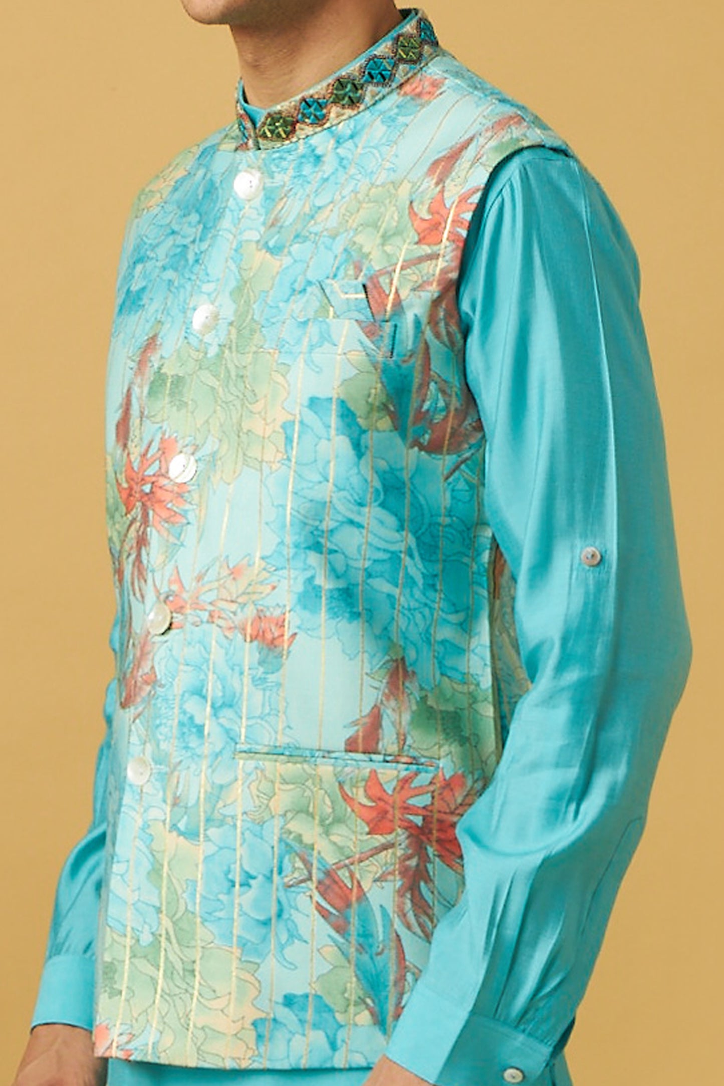 Blue Floral print Jacket And Kurta