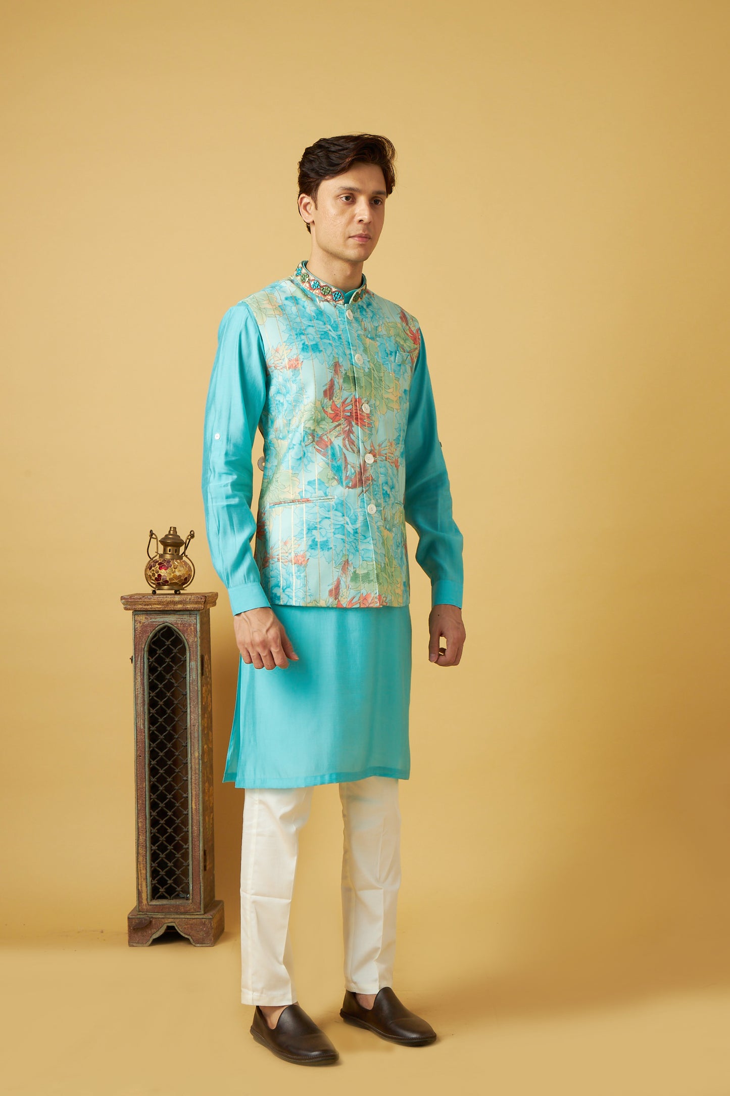 Blue Floral print Jacket And Kurta