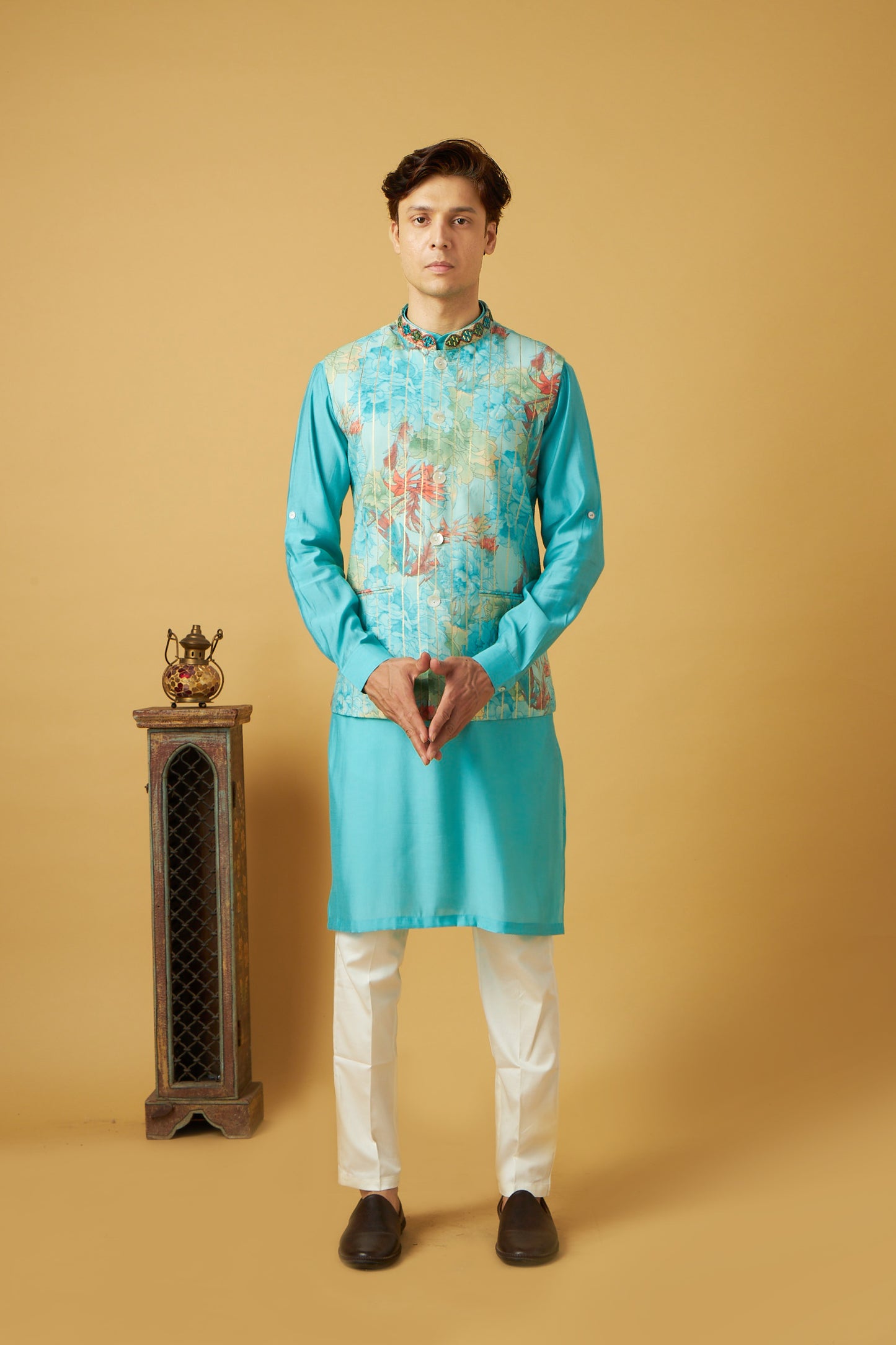 Blue Floral print Jacket And Kurta