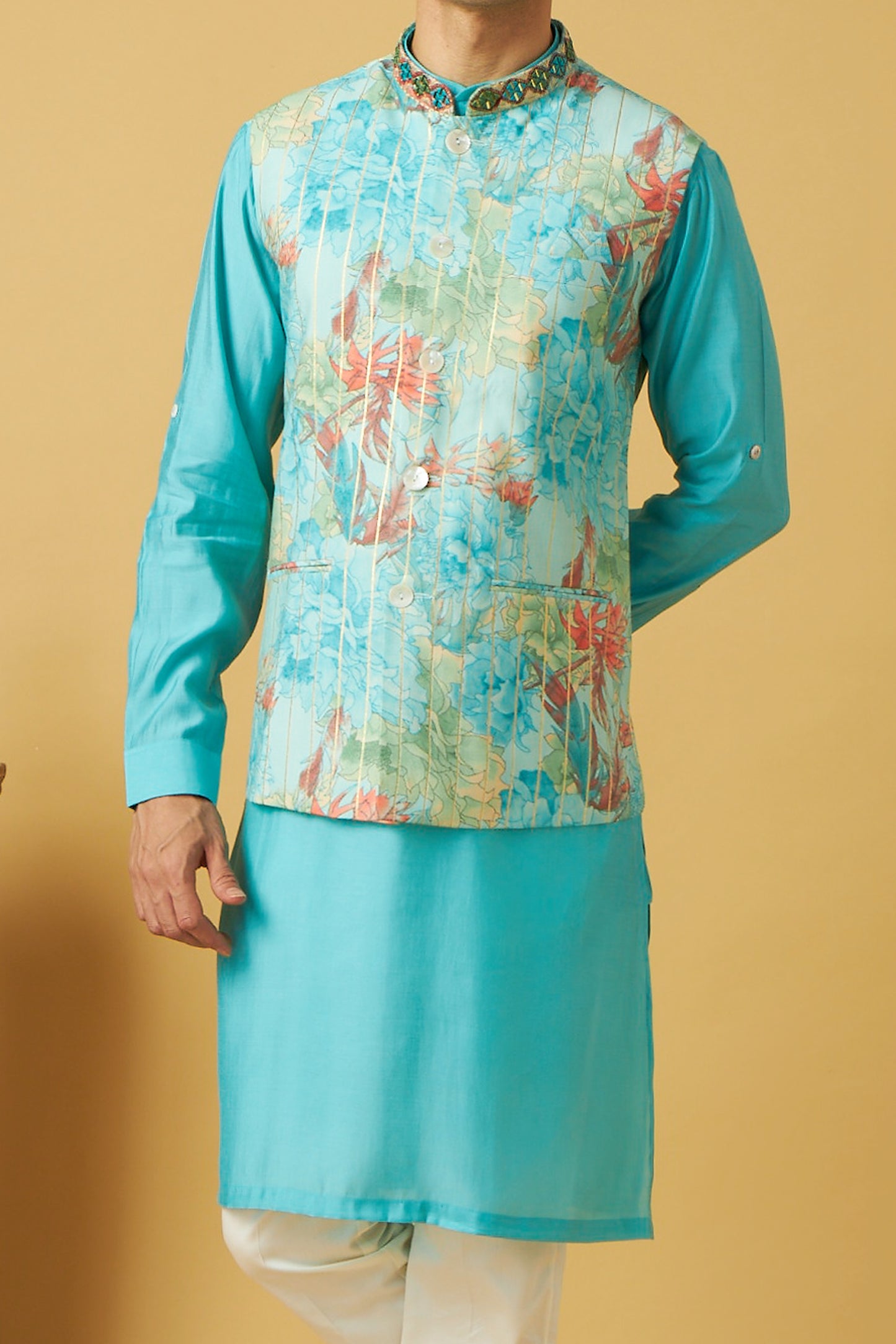 Blue Floral print Jacket And Kurta