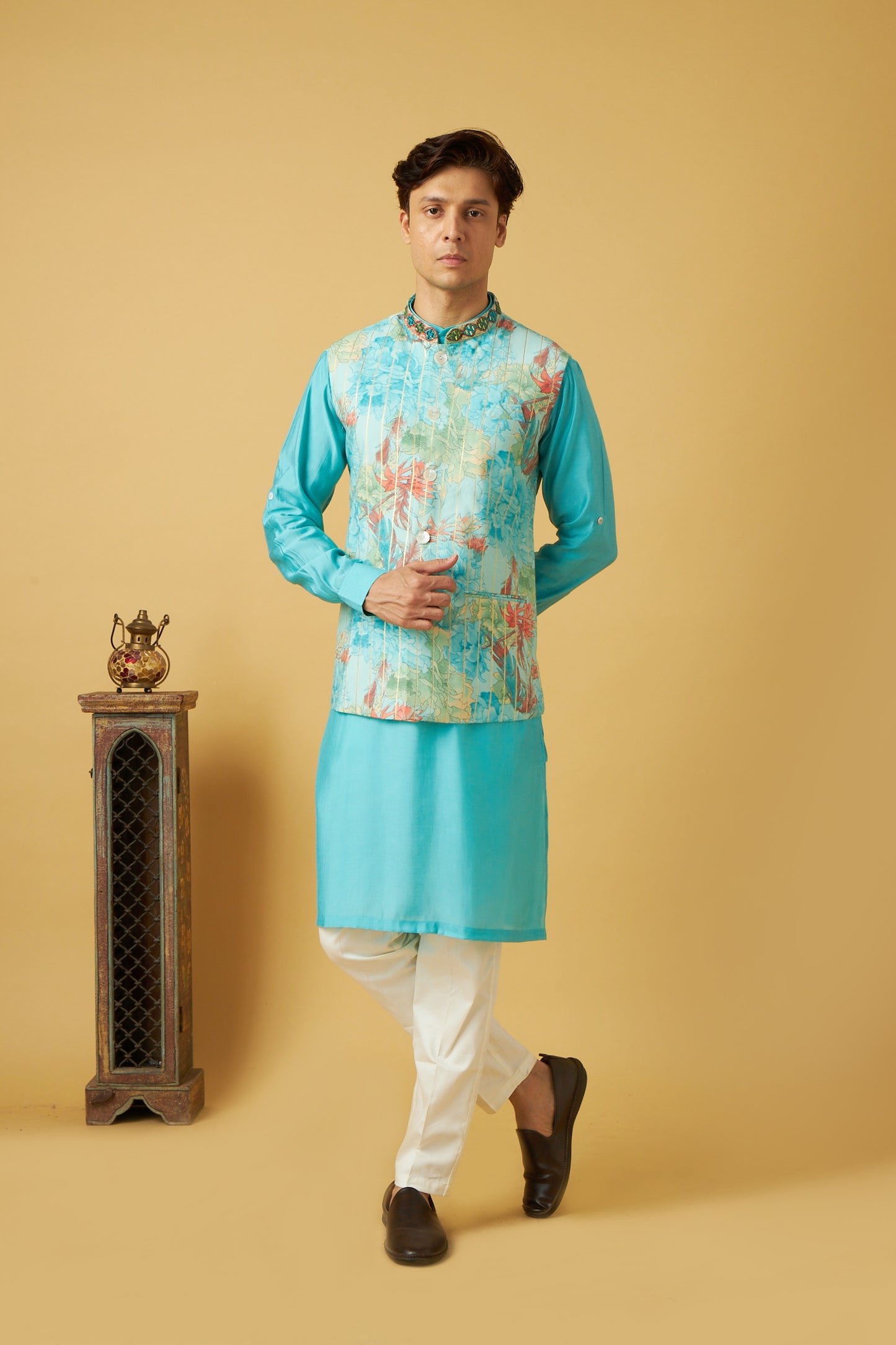 Blue Floral print Jacket And Kurta