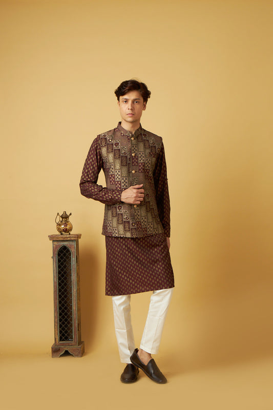 Elegant Brown Jacket Kurta Set
