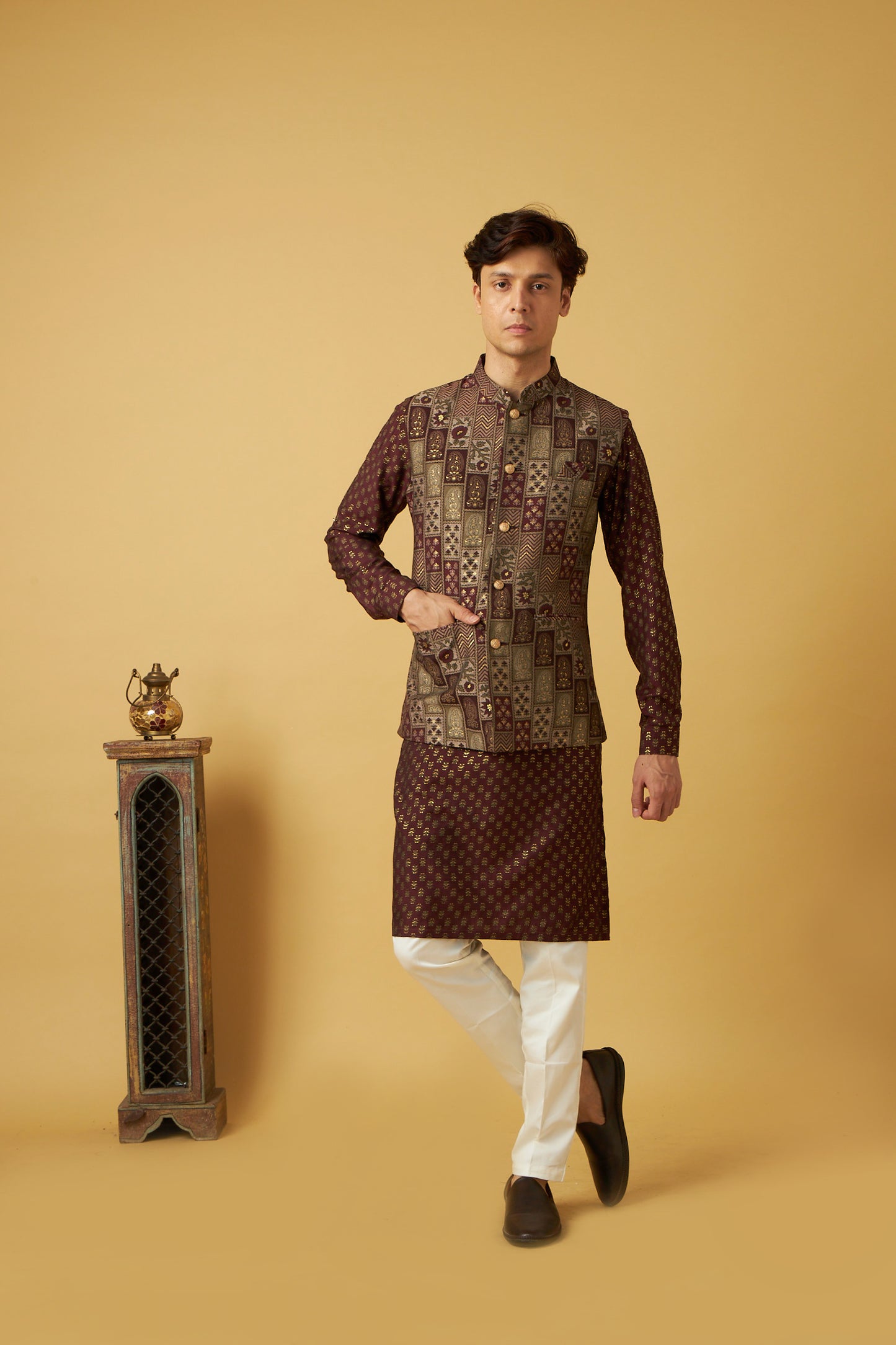 Elegant Brown Jacket Kurta Set