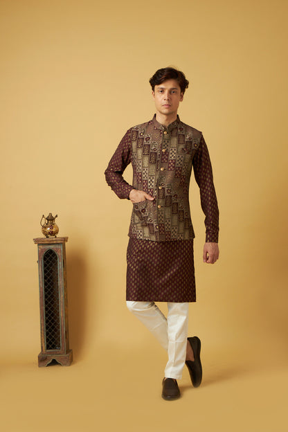 Elegant Brown Jacket Kurta Set