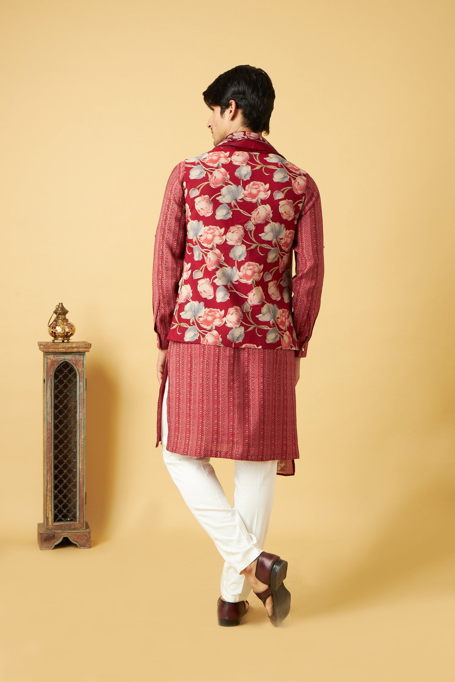 Red Flower print Jacket Kurta With Dupatta