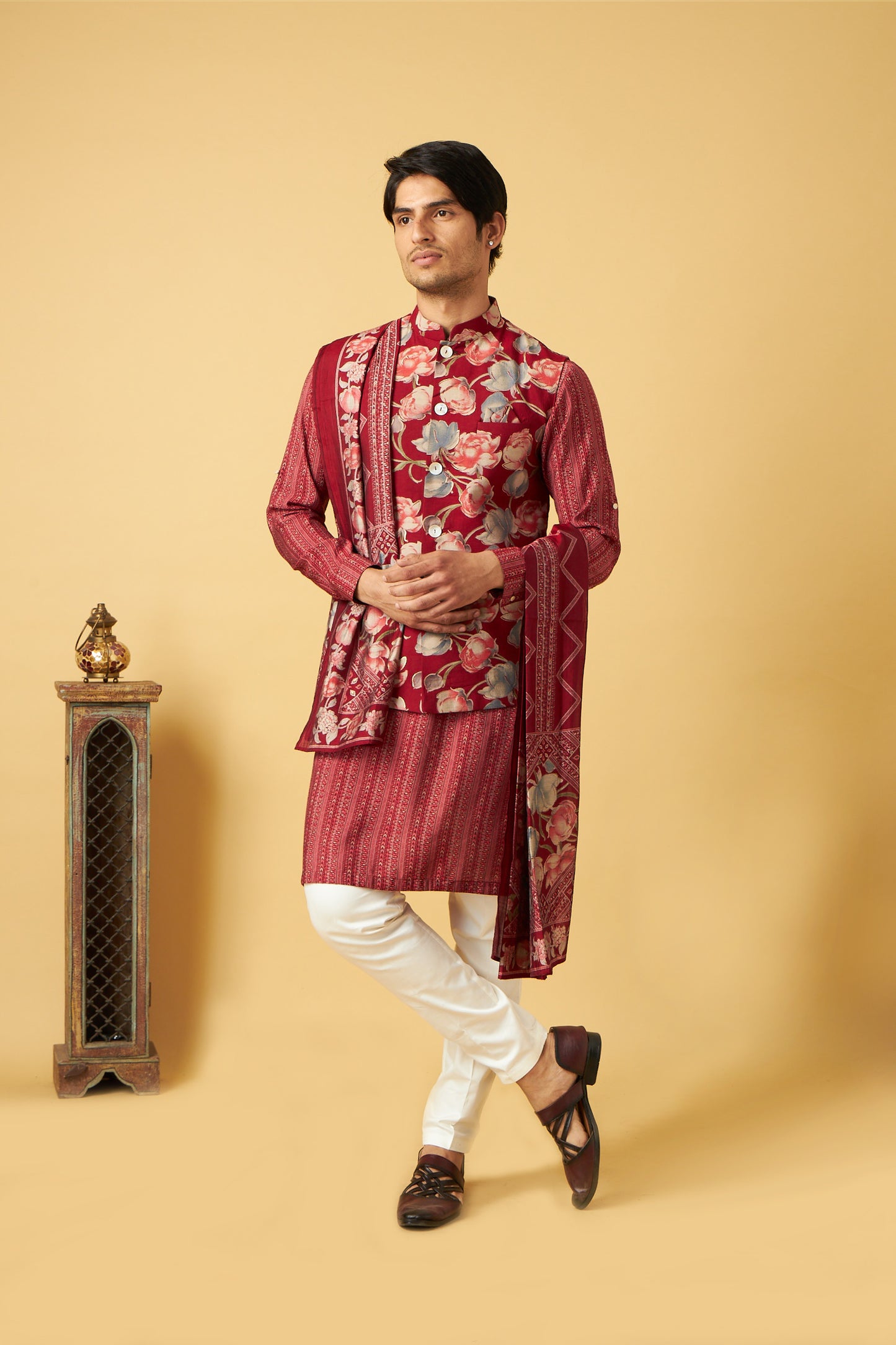 Red Flower print Jacket Kurta With Dupatta
