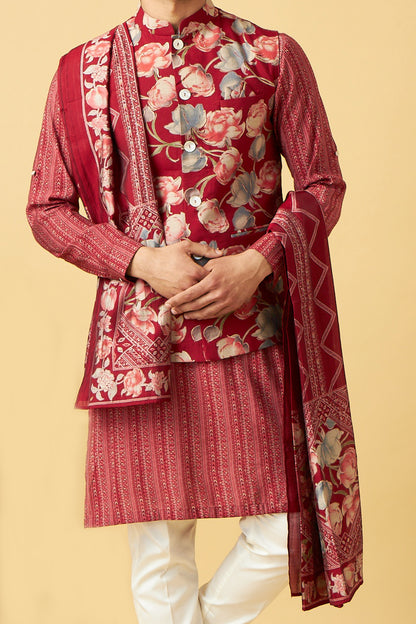 Red Flower print Jacket Kurta With Dupatta