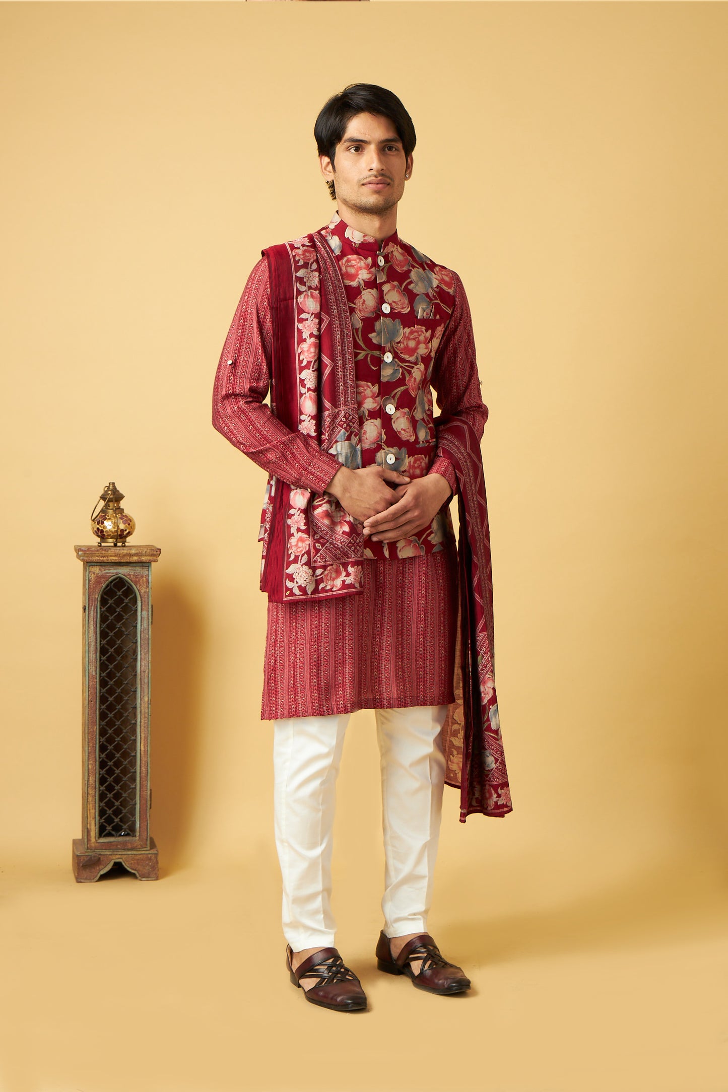 Red Flower print Jacket Kurta With Dupatta
