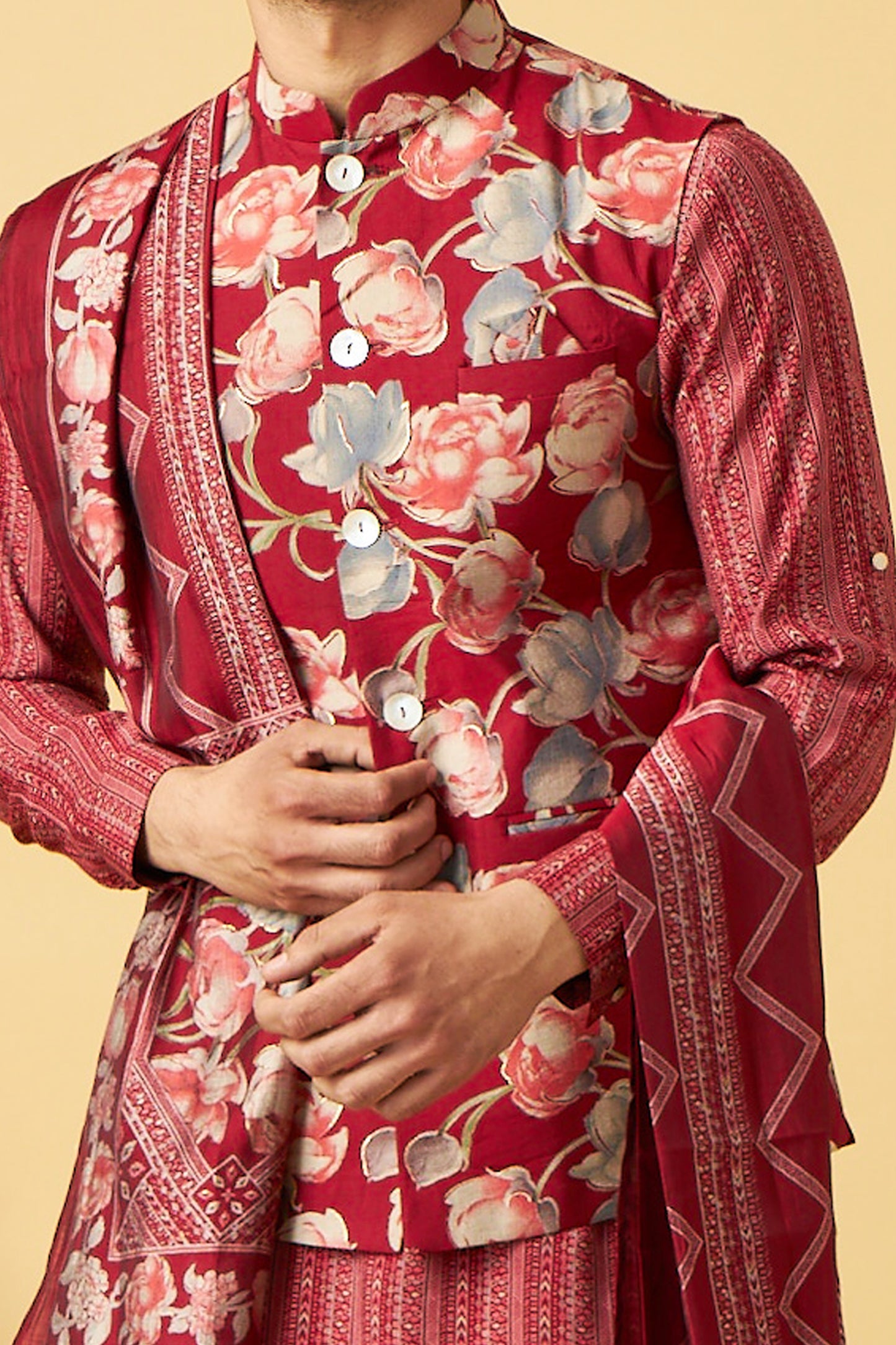 Red Flower print Jacket Kurta With Dupatta
